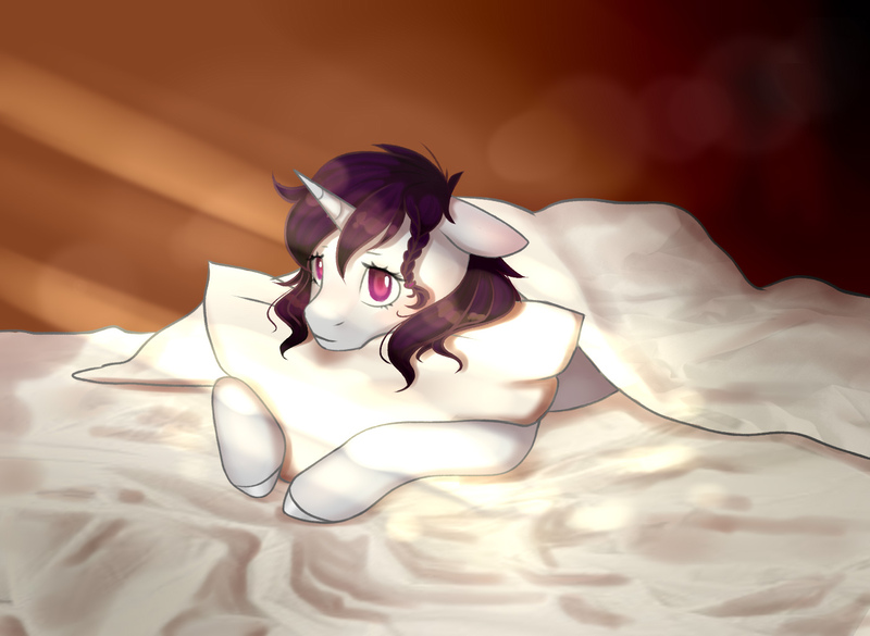 Size: 1400x1024 | Tagged: safe, artist:nastpotat, derpibooru import, oc, oc:aura, unofficial characters only, unicorn, bed, bedsheets, braid, commission, horn, hug, image, jpeg, male, pillow, pillow hug, solo, ych result