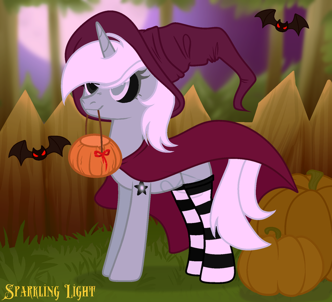 Size: 1800x1640 | Tagged: safe, artist:icey-wicey-1517, derpibooru import, oc, oc:neigh-jing, unofficial characters only, bat, pony, unicorn, black sclera, clothes, commission, female, full moon, halloween, hat, heterochromia, holiday, horn, image, mare, moon, mouth hold, night, png, pumpkin, pumpkin bucket, socks, solo, striped socks, tattoo, tree, witch, witch costume, witch hat, ych result, yin-yang