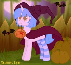 Size: 1800x1640 | Tagged: safe, artist:icey-wicey-1517, derpibooru import, oc, oc:bright color, unofficial characters only, bat, pony, unicorn, clothes, commission, female, full moon, halloween, hat, holiday, horn, image, mare, moon, mouth hold, night, png, pumpkin, pumpkin bucket, socks, solo, striped socks, tree, witch, witch costume, witch hat, ych result