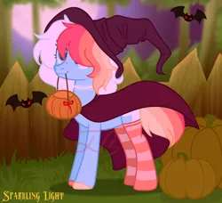 Size: 1800x1640 | Tagged: safe, artist:icey-wicey-1517, derpibooru import, oc, oc:fae, unofficial characters only, bat, pony, unicorn, choker, clothes, commission, female, full moon, halloween, hat, holiday, horn, image, mare, markings, moon, mouth hold, multicolored hair, night, png, pumpkin, pumpkin bucket, rainbow hair, socks, solo, striped socks, tree, unshorn fetlocks, witch, witch costume, witch hat, ych result