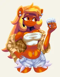 Size: 2336x3000 | Tagged: suggestive, artist:shadowhawx, derpibooru import, oc, oc:honey barrel, unofficial characters only, anthro, earth pony, pony, alcohol, belly, belly button, belly piercing, breasts, busty oc, butt touch, clothes, daisy dukes, drink, ear piercing, earring, erect nipples, female, freckles, hand on butt, high res, image, jewelry, mare, midriff, nipple outline, nipple piercing, nipple piercing outline, nipples, nose piercing, off shoulder, piercing, plaid shirt, png, shirt, shorts, simple background, smiling, solo, solo female, tube top, white background, wide hips