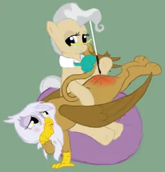 Size: 1053x1100 | Tagged: safe, derpibooru import, gilda, mayor mare, earth pony, gryphon, pony, g4, beanbag chair, blushing, crossed legs, crying, duo, female, image, mare, png, punishment, smiling, spank mark, spanking, stick, tears of pain