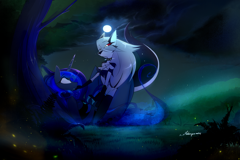 Size: 3568x2376 | Tagged: suggestive, artist:madragon, derpibooru import, princess luna, oc, alicorn, anthro, firefly (insect), hellhound, insect, breasts, clothes, cloud, collar, derpibooru exclusive, duo, duo female, ear piercing, female, fog, forest, helluva boss, image, looking at each other, looking at someone, loona (helluva boss), lying down, moon, moonlight, nature, night, on back, on ground, piercing, png, rain, shipping, sitting, socks, stockings, thigh highs, tree