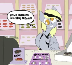 Size: 3168x2885 | Tagged: safe, derpibooru import, derpy hooves, pegasus, pony, g4, cash register, chest fluff, dialogue, donut, female, food, image, looking at you, mare, png, smiling, smiling at you, solo, speech bubble, wings