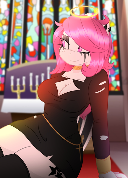 Size: 2556x3544 | Tagged: suggestive, artist:gelians, derpibooru import, oc, oc:faded lights, anthro, bat pony, anthro oc, bat pony oc, bat wings, boob window, breasts, choker, church, cleavage, clothes, cutie mark, eyeshadow, female, halo, image, makeup, nun, piercing, png, running makeup, sexy, socks, solo, solo female, spiked choker, stained glass, thigh highs, thighs, thunder thighs, wings