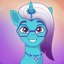 Size: 1456x1456 | Tagged: safe, ai content, derpibooru import, machine learning generated, pony, g5, abstract background, auroricorn, bust, comet (g5), glasses, image, jewelry, jpeg, looking at you, male, necklace, smiling, smiling at you, solo, stallion