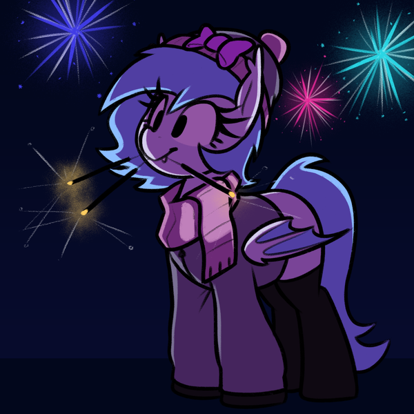 Size: 960x960 | Tagged: safe, artist:thebatfang, derpibooru import, oc, oc:lucky roll, unofficial characters only, bat pony, pony, bat pony oc, bat wings, beanie, clothes, female, fireworks, hat, image, mare, mouth hold, night, png, scarf, smiling, socks, solo, sparkler (firework), stockings, thigh highs, wings, winter outfit