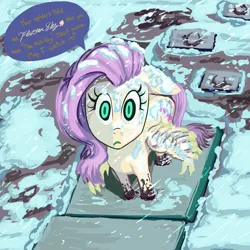 Size: 2500x2500 | Tagged: safe, artist:thelastenforcement, derpibooru import, fluttershy, pegasus, pony, g4, female, green mouth, high angle, image, looking at you, mare, muddy hooves, path, png, rain, snow, solo, staring into your soul, stepping stones, wet