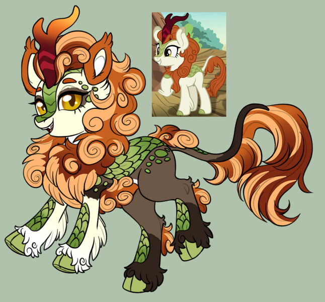 Size: 1280x1188 | Tagged: safe, artist:malinraf1615, derpibooru import, autumn blaze, kirin, g4, alternate design, female, image, jpeg, open mouth, open smile, redesign, screencap reference, simple background, smiling, solo, twitterina design