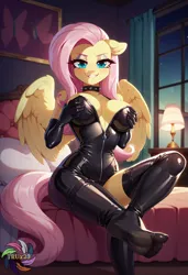 Size: 2496x3648 | Tagged: suggestive, machine learning generated, ponerpics import, fluttershy, anthro, breasts, cleavage, clothes, feet, female, fetish, foot fetish, gloves, image, jpeg, latex, latex gloves, latex socks, latex suit, looking at you, socks, solo, solo female