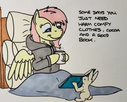 Size: 2047x1648 | Tagged: safe, artist:hoofclid, derpibooru import, angel bunny, fluttershy, pegasus, pony, rabbit, g4, animal, blanket, book, clothes, coffee mug, duo, duo male and female, female, hoodie, hoof hold, image, jpeg, male, mare, marker drawing, messy mane, mug, pillow, reading, text, traditional art