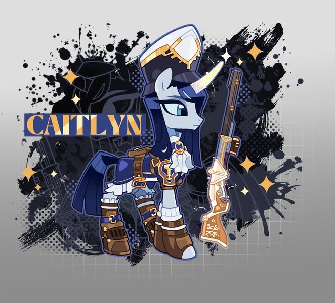 Size: 1483x1345 | Tagged: safe, artist:rotten_hyena, derpibooru import, ponified, pony, unicorn, arcane, bangs, belt, boots, caitlyn, caitlyn (league of legends), closed mouth, clothes, cravat, curved horn, digital art, female, frilly, g4 style, glow, glowing horn, gun, hat, horn, image, jpeg, league of legends, magic, mare, open toe shoes, rifle, shoes, side view, skirt, standing, telekinesis, uniform, weapon