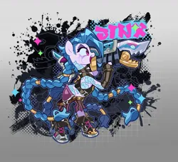 Size: 1483x1345 | Tagged: safe, artist:rotten_hyena, derpibooru import, jinx, ponified, earth pony, pony, g4, arcane, blue mane, boots, braid, braided tail, clothes, drug use, drugs, female, g4 style, gun, holding, image, jinx (league of legends), jpeg, league of legends, long mane, mare, open mouth, pants, pink eyes, shoes, standing, tail, tattoo, vein, weapon