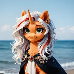 Size: 2048x2048 | Tagged: safe, ai content, derpibooru import, generator:midkemia v10, machine learning generated, prompter:scarlet ribbon, oc, oc:scarlet ribbon, pony, unicorn, cape, clothes, ear piercing, earring, female, horn, image, jewelry, mare, ocean, piercing, png, solo, striped mane, water, white mane