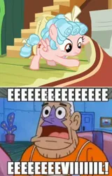 Size: 1248x1952 | Tagged: safe, derpibooru import, edit, edited screencap, screencap, cozy glow, g4, marks for effort, bird seed, evil, image, jpeg, mermaid man, spongebob squarepants