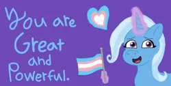 Size: 1604x810 | Tagged: safe, artist:shucku, derpibooru import, trixie, pony, unicorn, g4, female, flag, horn, image, mare, mouthpiece, png, politics, pride, pride flag, simple background, trans female, trans trixie, transgender, transgender pride flag