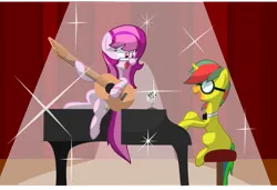 Size: 2962x2024 | Tagged: safe, artist:rcflashfreak, derpibooru import, oc, unofficial characters only, earth pony, pony, unicorn, duo, glasses, guitar, horn, image, microphone, musical instrument, piano, png, singing