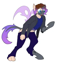 Size: 2508x2480 | Tagged: safe, artist:settop, derpibooru import, oc, oc:viciz, unofficial characters only, changeling, human, changeling oc, clothes, glasses, high res, human to changeling, image, male, png, purple changeling, simple background, solo, transformation, white background