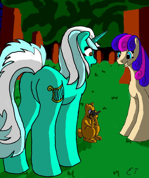 Size: 1600x1900 | Tagged: safe, artist:tidus2047, derpibooru import, bon bon, lyra heartstrings, sweetie drops, chipmunk, earth pony, pony, unicorn, g4, acorn, butt, featureless crotch, forest, horn, image, jpeg, nature, outdoors, plot, tree