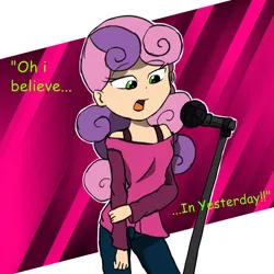 Size: 3000x3000 | Tagged: safe, artist:reviare, derpibooru import, sweetie belle, human, g4, eyebrows, eyebrows visible through hair, female, humanized, image, microphone, older, older sweetie belle, png, singing, solo, song reference, the beatles