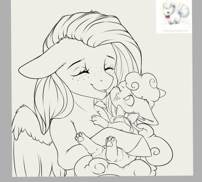 Size: 1008x910 | Tagged: safe, artist:miokomata, derpibooru import, fluttershy, pegasus, pony, vulpix, g4, alolan form, alolan vulpix, cheek squish, cute, female, floppy ears, freckles, freckleshy, gray background, hug, image, jpeg, mare, open mouth, open smile, paw pads, paws, pokémon, shyabetes, simple background, smiling, squishy cheeks