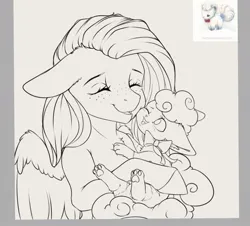 Size: 1008x910 | Tagged: safe, artist:miokomata, derpibooru import, fluttershy, pegasus, pony, vulpix, g4, alolan form, alolan vulpix, cheek squish, cute, female, floppy ears, freckles, freckleshy, gray background, hug, image, jpeg, mare, open mouth, open smile, paw pads, paws, pokémon, shyabetes, simple background, smiling, squishy cheeks