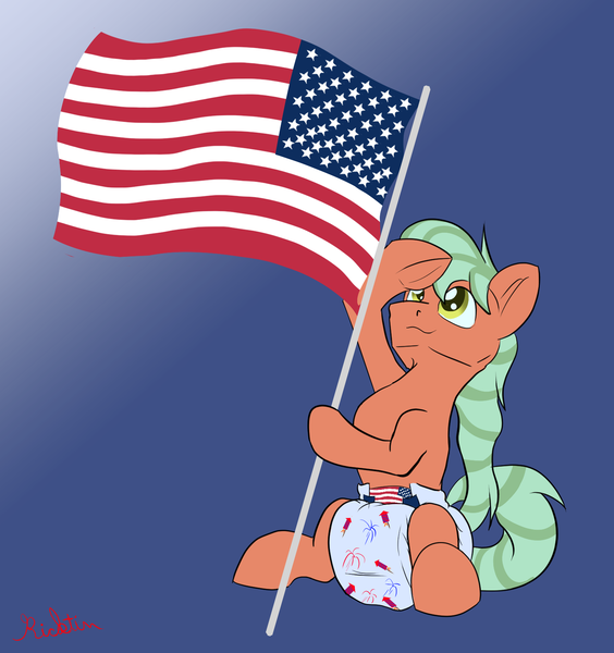 Size: 1538x1636 | Tagged: safe, artist:ricktin, derpibooru import, oc, oc:peppermint lime, earth pony, american flag, diaper, diaper fetish, fetish, flag, image, png, salute