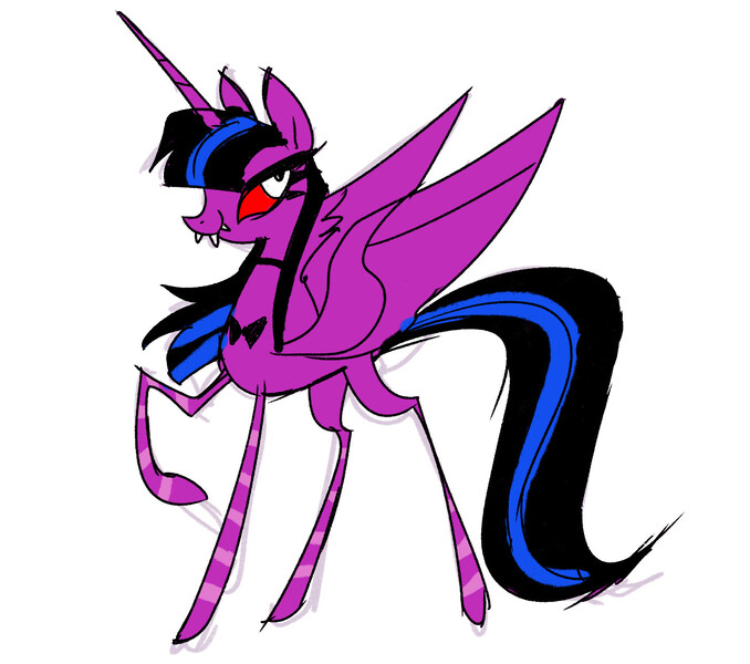 Size: 1424x1261 | Tagged: safe, alternate version, artist:janegumball, derpibooru import, part of a set, twilight sparkle, twilight sparkle (alicorn), alicorn, pony, g4, alternate design, alternate mane color, alternate tail color, bangs, big eyes, black and blue mane, black and blue tail, bowtie, colored sclera, colored sketch, doodle, eyelashes, female, horn, image, jpeg, leg stripes, long horn, long legs, long tail, looking back, mare, no catchlights, ponyville ciderfest, ponyville ciderfest 2024, profile, purple coat, raised hoof, red sclera, requested art, sharp teeth, simple background, sketch, slender, smiling, spread wings, standing on three hooves, straight mane, straight tail, stripes, tail, tall, teeth, thin, thin legs, two toned mane, two toned tail, white background, wings