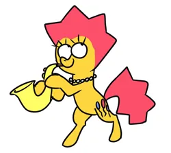 Size: 1377x1230 | Tagged: safe, artist:janegumball, derpibooru import, ponified, earth pony, pony, alternate universe, bipedal, colored, doodle, eyelashes, flat colors, hoof hold, image, jewelry, jpeg, lisa simpson, looking up, musical instrument, necklace, no catchlights, pearl necklace, pink mane, pink tail, ponyville ciderfest, ponyville ciderfest 2024, requested art, saxophone, short mane, simple background, smiling, spiky mane, spiky tail, standing, tail, the simpsons, three quarter view, white background, yellow coat