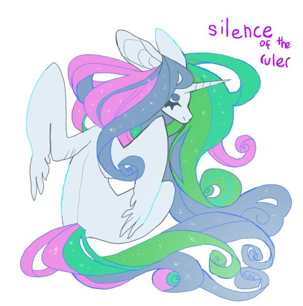 Size: 924x932 | Tagged: safe, artist:cutesykill, derpibooru import, princess celestia, alicorn, pony, g4, beanbrows, big ears, colored eyebrows, ethereal mane, ethereal tail, eyebrows, eyes closed, female, flowing mane, flowing tail, gradient mane, gradient tail, horn, image, jpeg, long horn, long mane, long tail, mare, missing accessory, missing cutie mark, multicolored mane, multicolored tail, no mouth, partially open wings, profile, purple text, rear view, simple background, solo, sparkles, sparkly mane, sparkly tail, tail, thick eyelashes, turned head, unicorn horn, white background, white coat, wings