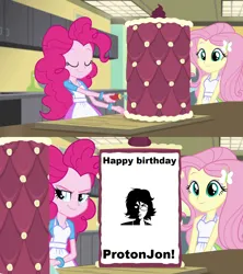 Size: 1280x1440 | Tagged: safe, derpibooru import, edit, edited screencap, screencap, fluttershy, pinkie pie, human, acadeca, equestria girls, g4, cake, food, happy birthday, image, my little pony equestria girls: friendship games, png, protonjon