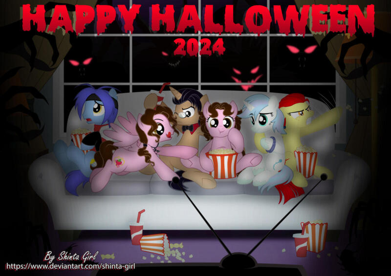 Size: 1600x1132 | Tagged: safe, artist:shinta-girl, derpibooru import, oc, oc:frozen rose, oc:shinta pony, oc:taekwon magic, angel pony, original species, aaron pony, angel, group, halloween, holiday, image, joshka, jpeg