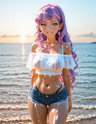 Size: 896x1152 | Tagged: suggestive, ai content, derpibooru import, generator:pixai.art, machine learning generated, sweetie belle, human, g4, beach, belly, belly button, clothes, denim, denim shorts, ear piercing, earring, female, frilly, frilly shirt, hairband, humanized, image, jewelry, long hair, midriff, ocean, off shoulder, older, older sweetie belle, panties, piercing, png, prompter:sammykun, realistic background, short shirt, shorts, sky, smiling, solo, sunset, tan skin, tanned, teeth, thighs, thong, underwear, water, wave, wet, white shirt