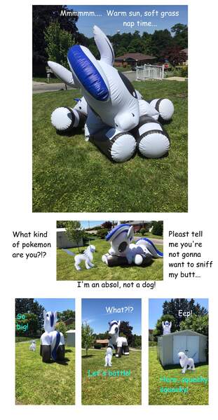 Size: 2503x4825 | Tagged: safe, artist:tbolt, derpibooru import, oc, oc:thistle down, unofficial characters only, absol, earth pony, inflatable pony, pony, g5, comic, dialogue, earth pony oc, eep, female, female oc, grass, hiding, house, image, inflatable, inflation valve, irl, jpeg, lying down, mare, mare oc, on grass, opaque inflatable, outdoors, photo, pokémon, scared, standing, summer, two toned mane, white coat