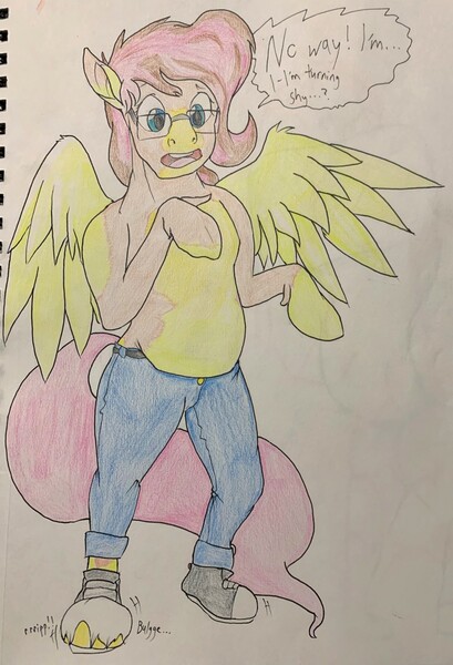 Size: 873x1280 | Tagged: safe, artist:jerryclaymouse, derpibooru import, fluttershy, human, pegasus, pony, chubby, dialogue, glasses, human to pony, image, jpeg, solo, standing, traditional art, transformation