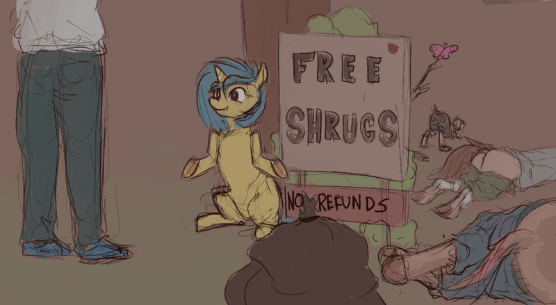 Size: 1116x612 | Tagged: suggestive, artist:sevenpaperplates, derpibooru import, edit, oc, unofficial characters only, human, pony, unicorn, anus, ass up, blue hair, butt, clothes, dock, free hugs, half naked, horn, human to pony, image, jpeg, mid-transformation, nudity, pants, pants down, partial nudity, plot, shorts, shrug, simplistic anus, sitting, sketch, tail, transformation, yellow coat