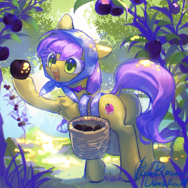 Size: 2048x2048 | Tagged: safe, artist:tingsan, derpibooru import, oc, oc:plum blossoms, unofficial characters only, earth pony, pony, basket, bow, countryside, cute, ears, ears up, earth pony oc, farmer, female, green eyes, hair bow, happy, high res, image, mare, neck bow, plum, png, purple mane, solo, tree