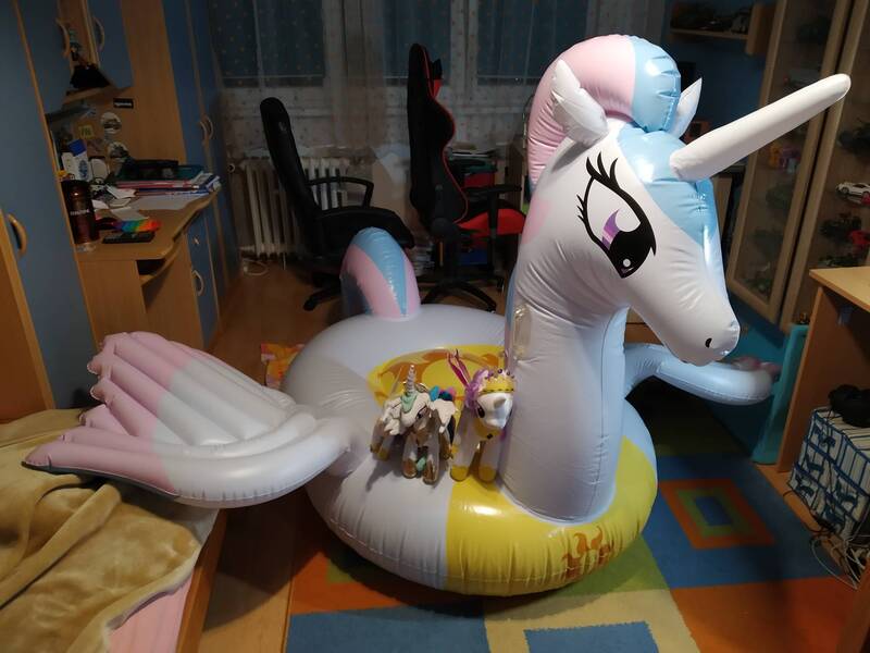 Size: 2000x1500 | Tagged: safe, artist:lorax xyz, artist:loraxxyz, derpibooru import, princess celestia, alicorn, inflatable pony, pony, carpet, celestia plushie, chair, computer desk, desk, floaty, horseplaytoys, image, indoors, inflatable, inflatable alicorn, inflatable float, irl, jpeg, office chair, photo, plushie, pool toy