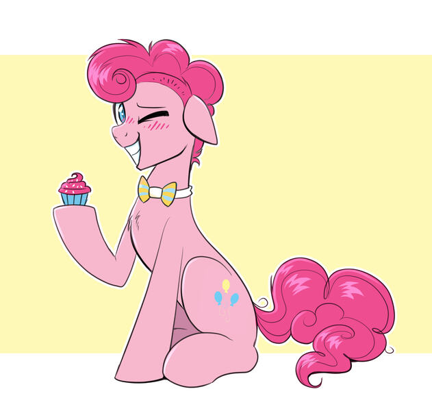 Size: 4096x3897 | Tagged: safe, artist:confetticakez, edit, edited edit, editor:anonymous, pinkie pie, earth pony, pony, blushing, bowtie, bubble berry, cupcake, food, grin, image, jpeg, looking at you, male, one eye closed, rule 63, smiling, smiling at you, solo, stallion, watermark removal, wink, winking at you