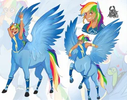 Size: 2048x1623 | Tagged: safe, artist:inkrred, derpibooru import, rainbow dash, tank, centaur, human, pony, taur, tortoise, g4, arm behind head, armpits, arms in the air, centaurdash, centaurified, clothes, duo, duo male and female, eared humanization, female, floating heart, goggles, goggles on head, grin, heart, humanized, image, jpeg, male, mare, pegataur, rearing, smiling, species swap, spread wings, uniform, wings, wonderbolts uniform, zoom layer