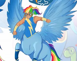 Size: 2048x1623 | Tagged: safe, artist:inkrred, derpibooru import, rainbow dash, tank, centaur, human, pony, tortoise, g4, centaurdash, centaurified, clothes, eared humanization, female, goggles, gritted teeth, humanized, image, jpeg, mare, pegataur, rearing, solo, species swap, spread wings, tan skin, teeth, uniform, wings, wonderbolts uniform, zoom layer