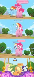 Size: 458x1024 | Tagged: safe, derpibooru import, applejack, fluttershy, pinkie pie, rainbow dash, rarity, earth pony, pegasus, unicorn, g4, comic, dialogue, horn, image, my little pony: rainbow roadtrip, png