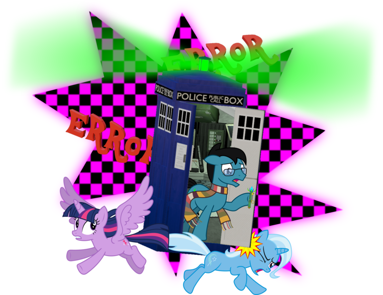 Size: 4636x3572 | Tagged: safe, artist:sketchmcreations, derpibooru import, trixie, twilight sparkle, twilight sparkle (alicorn), oc, oc:sketch mythos, alicorn, earth pony, pony, unicorn, g4, accident, clothes, crash, doctor who, error, female, fourth doctor's scarf, fourth wall, horn, image, impact, male, mare, missing texture, png, remake, scarf, simple background, sonic screwdriver, stallion, striped scarf, tardis, transparent background, vector, void