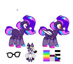 Size: 1000x880 | Tagged: safe, derpibooru import, oc, oc:opalite spirit, bat pony, unicorn, female, glasses, horn, image, plurgender, png, reference sheet