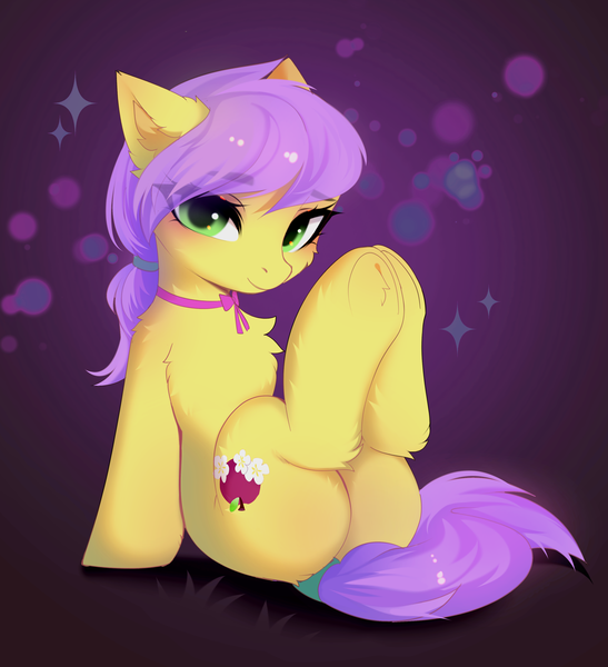 Size: 3126x3426 | Tagged: safe, artist:empress-twilight, derpibooru import, oc, oc:plum blossoms, unofficial characters only, earth pony, pony, bow, butt, cheek fluff, chest fluff, commission, ear fluff, ear tufts, earth pony oc, eye clipping through hair, eyebrows, eyebrows visible through hair, female, hair bow, hooves together, image, legs in air, looking at you, mare, neck bow, plot, png, smiling, smiling at you, solo, sparkles, tail, underhoof, ych result