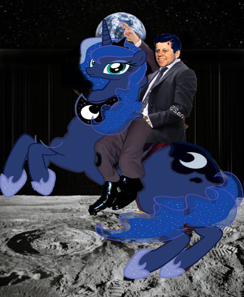 Size: 848x1033 | Tagged: safe, derpibooru import, princess luna, alicorn, human, pony, 1000 hours in ms paint, american presidents, bullet hole, fanfic art, fine art parody, humans riding ponies, image, irl, irl human, john f. kennedy, moon, napoleon crossing the alps, on the moon, photo, png, president, riding, riding a pony, space, wat