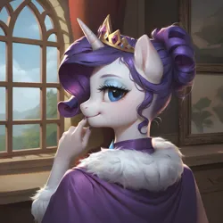 Size: 4096x4096 | Tagged: safe, ai content, derpibooru import, machine learning generated, prompter:thedaren666, stable diffusion, princess platinum, rarity, anthro, pony, g4, alternate hairstyle, cape, clothes, crown, curtains, day, ear fluff, eyebrows, eyeshadow, female, fur trim, gem, generator:pony diffusion v6 xl, hair bun, hand on chin, horn, image, indoors, jewelry, looking at you, makeup, mare, mature, nail polish, painting, png, regalia, smiling, solo, updo, window, windowsill