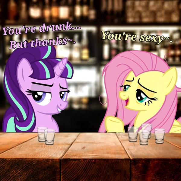 Size: 2048x2048 | Tagged: suggestive, artist:cezaryy, artist:trrrebleee, derpibooru import, edit, fluttershy, starlight glimmer, pegasus, pony, unicorn, g4, alcohol, drink, drunk, glass, horn, image, implied lesbian, implied sex, looking at you, meme, messy mane, png, pub, real life background, s5 starlight, shot glass, text, vulgar