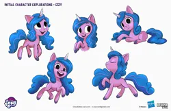 Size: 2083x1349 | Tagged: safe, artist:claudio naccari, artist:claudionaccari, boulder media, derpibooru import, official, izzy moonbow, pony, unicorn, g5, boulder media logo, concept art, female, hasbro, hasbro logo, horn, image, jpeg, logo, mare, my little pony g5 2d show (boulder media), my little pony logo, simple background, text, white background