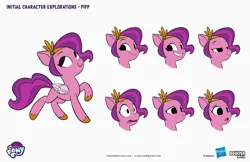 Size: 2083x1349 | Tagged: safe, artist:claudio naccari, artist:claudionaccari, boulder media, derpibooru import, official, pipp petals, pegasus, pony, g5, boulder media logo, concept art, female, hasbro, hasbro logo, image, jpeg, logo, mare, my little pony g5 2d show (boulder media), my little pony logo, simple background, skinny pipp, text, white background